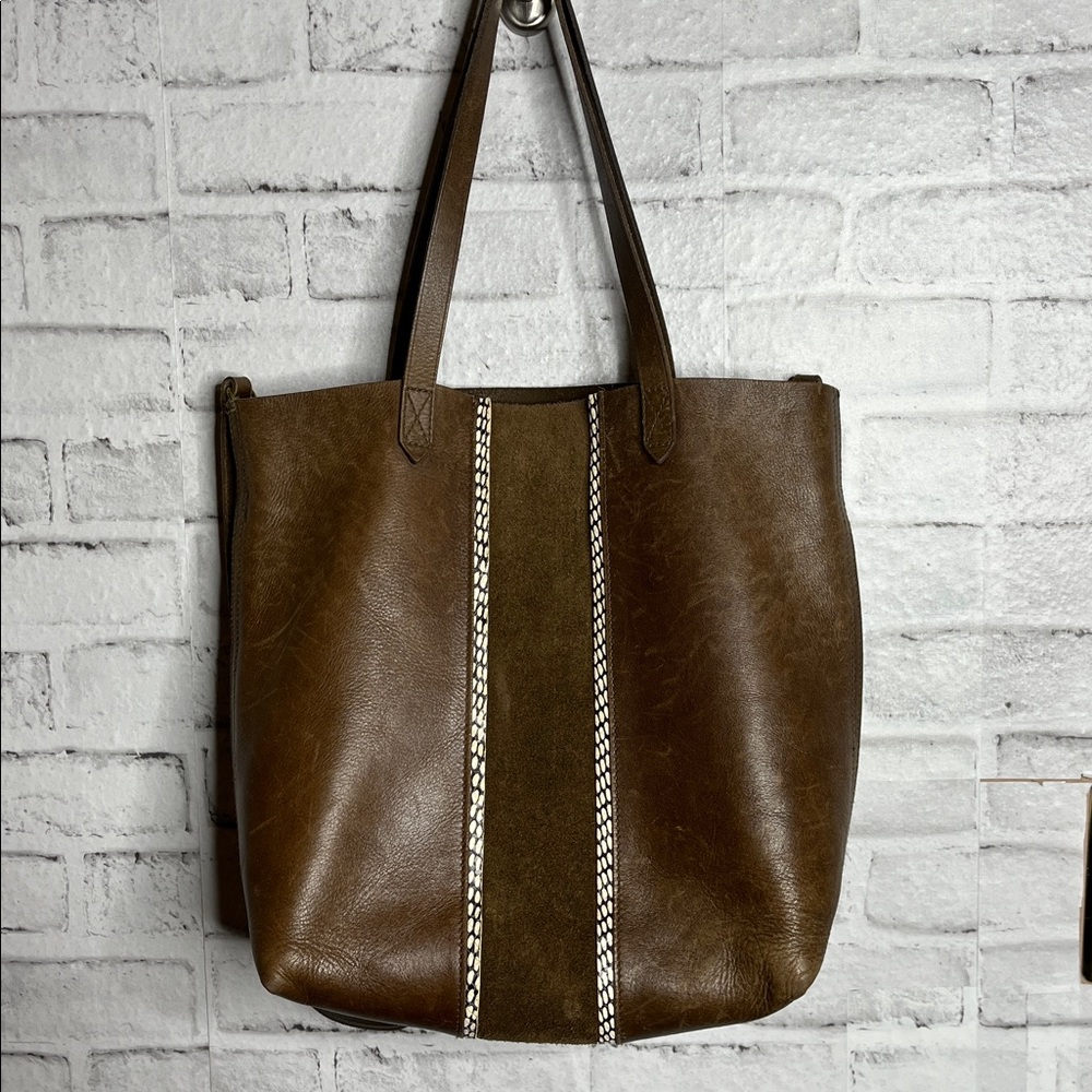 Madewell brown leather tote crossbody suede inset
